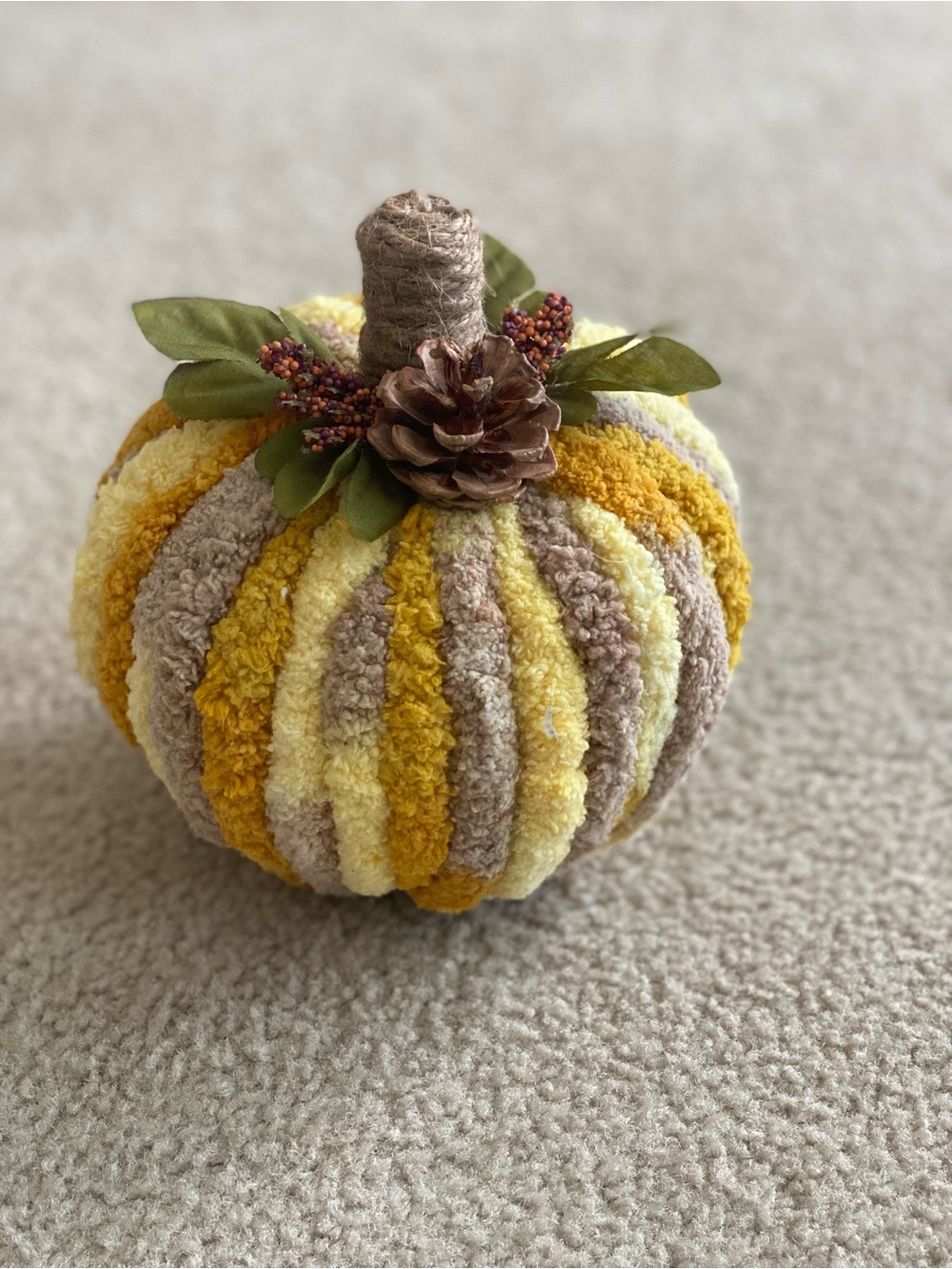 Handmade Plush Pumpkin Pillar - Mustard, Cream & Taupe